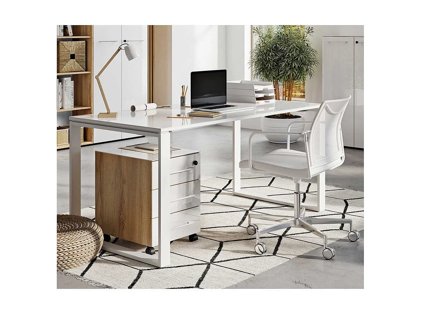 Büro Schreibtisch in Weiß  und Wildeiche Optik Glas beschichtet (zweiteilig)