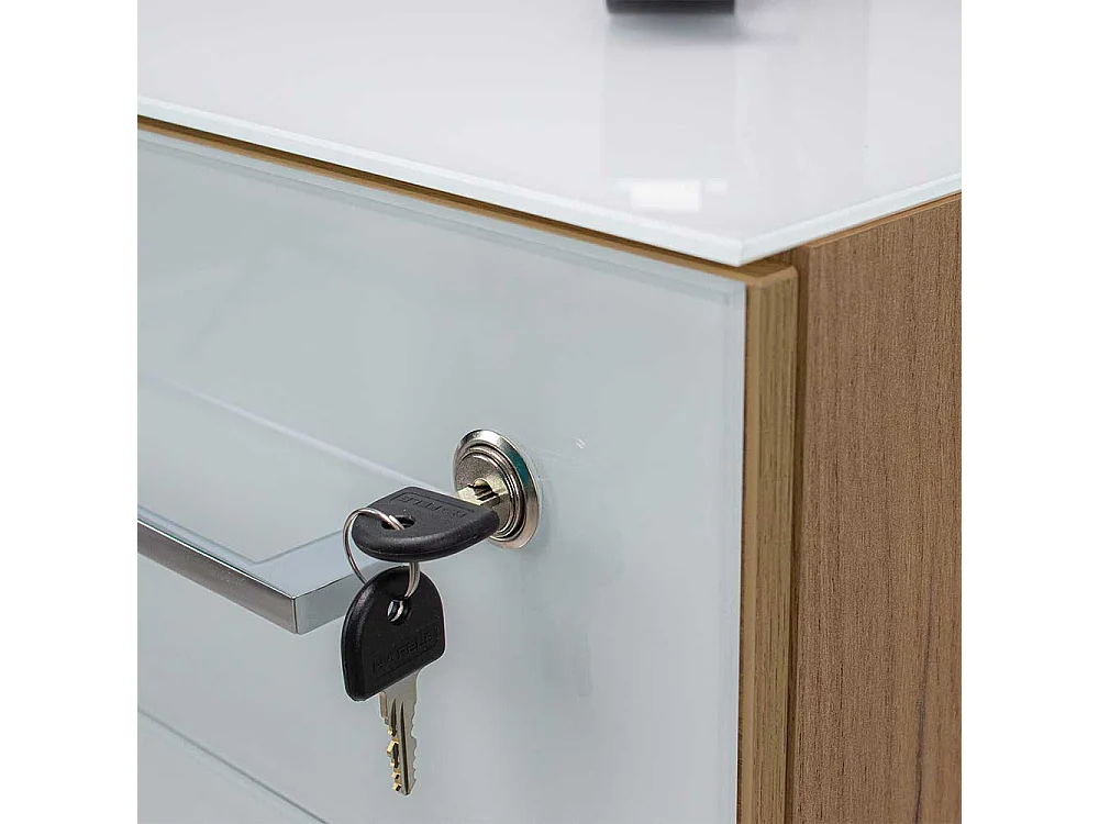 Büro Schreibtisch in Weiß  und Wildeiche Optik Glas beschichtet (zweiteilig)