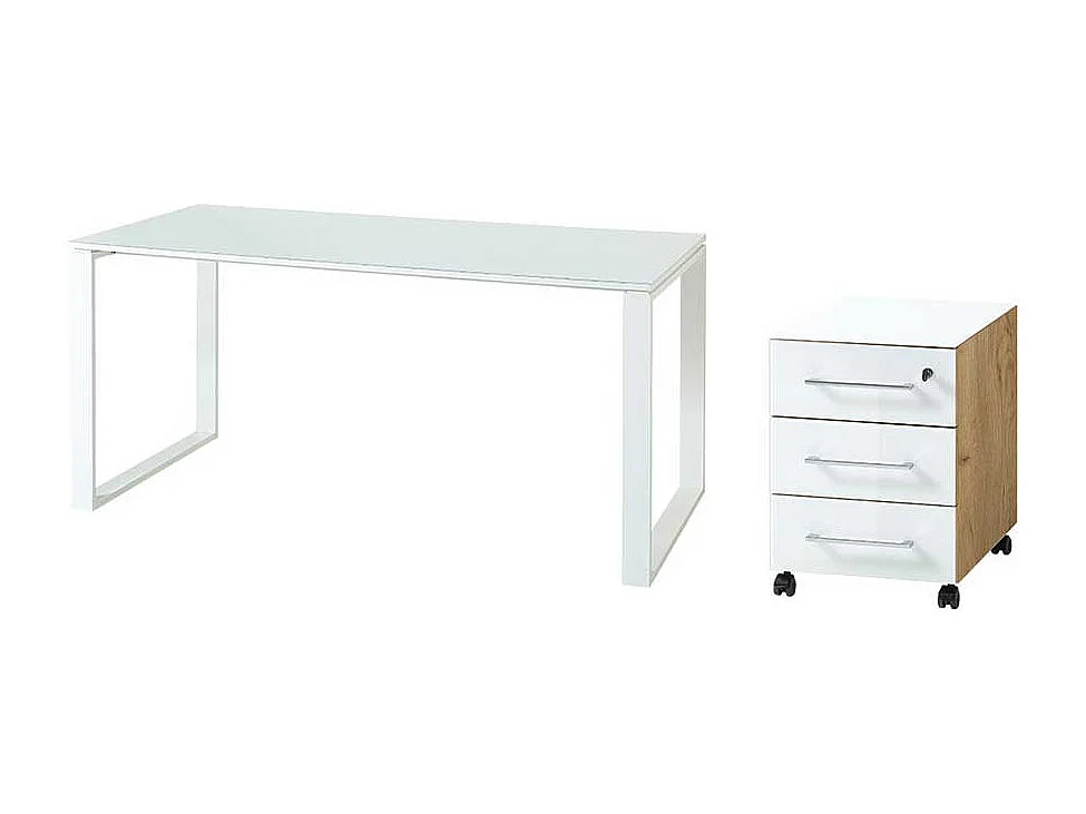 Büro Schreibtisch in Weiß  und Wildeiche Optik Glas beschichtet (zweiteilig)