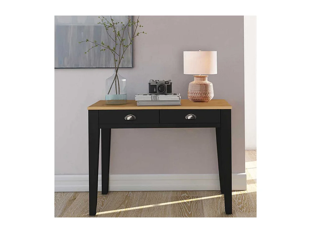 Rechteckiger Schreibtisch in Kieferfarben und Schwarz zwei Schubladen