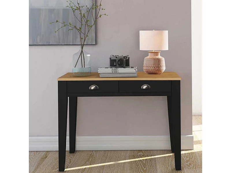 Rechteckiger Schreibtisch in Kieferfarben und Schwarz zwei Schubladen