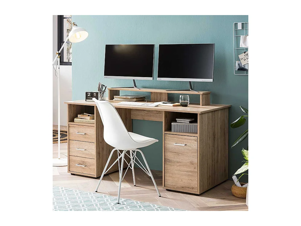 Jugendschreibtisch in Wildeiche Holzoptik Bildschirmaufsatz