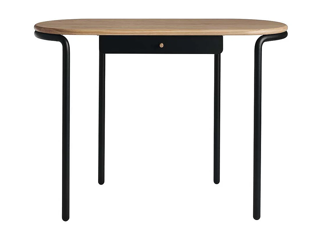 Büroschreibtisch mit abgerundeter Massivholzplatte Metallgestell in Schwarz