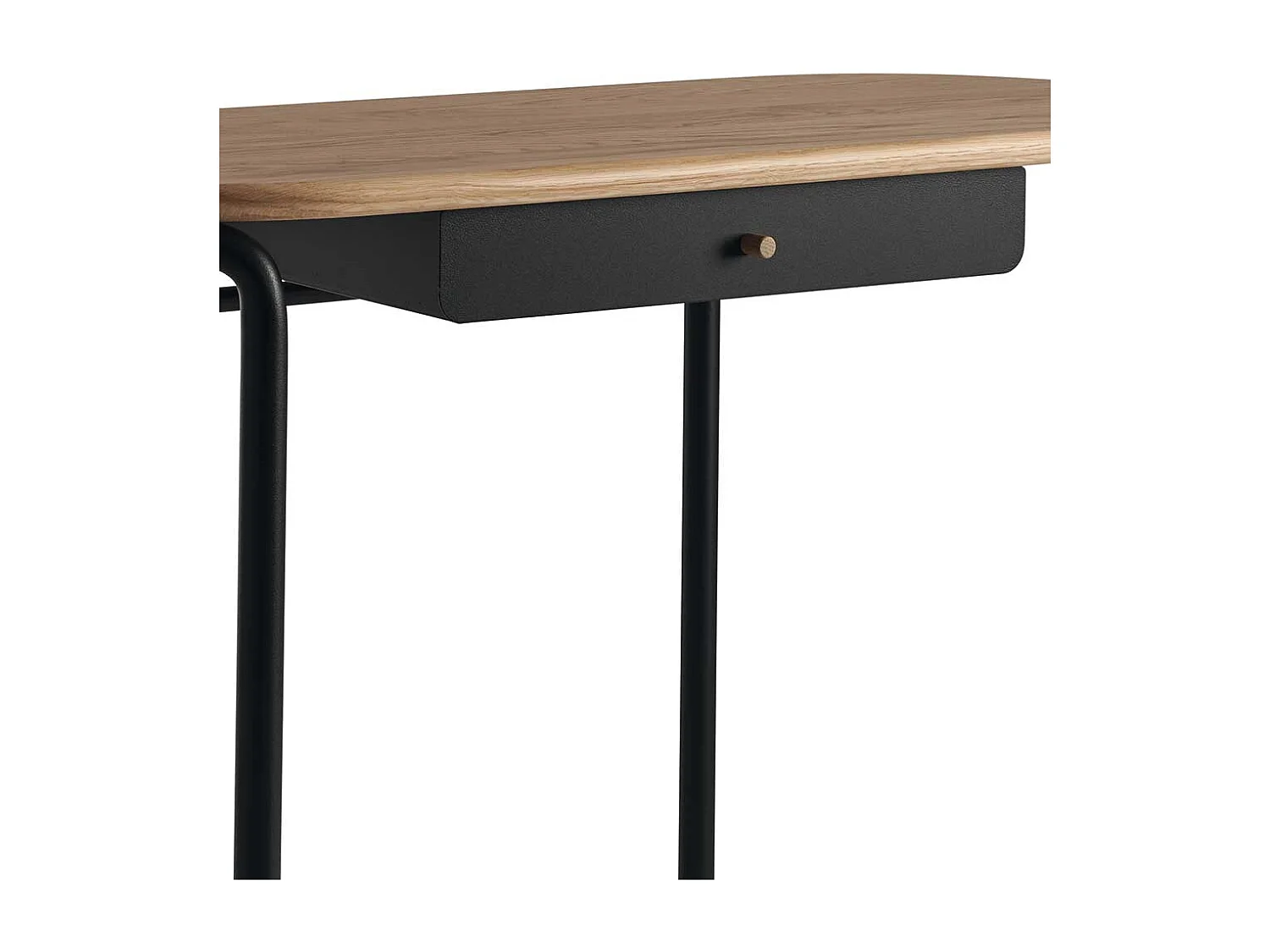 Büroschreibtisch mit abgerundeter Massivholzplatte Metallgestell in Schwarz