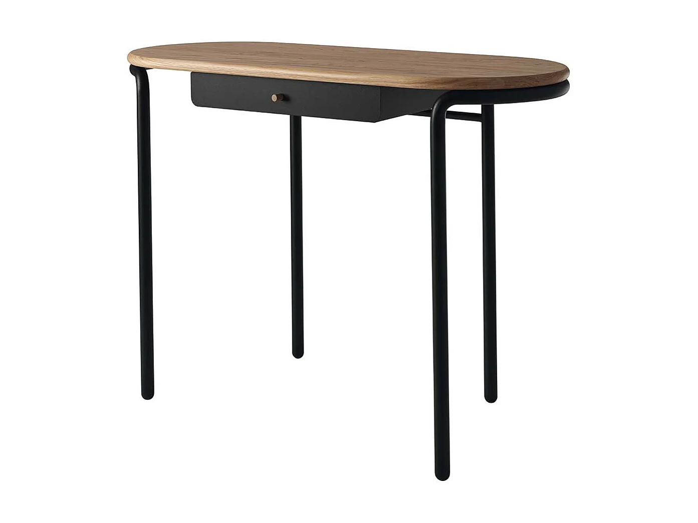 Büroschreibtisch mit abgerundeter Massivholzplatte Metallgestell in Schwarz