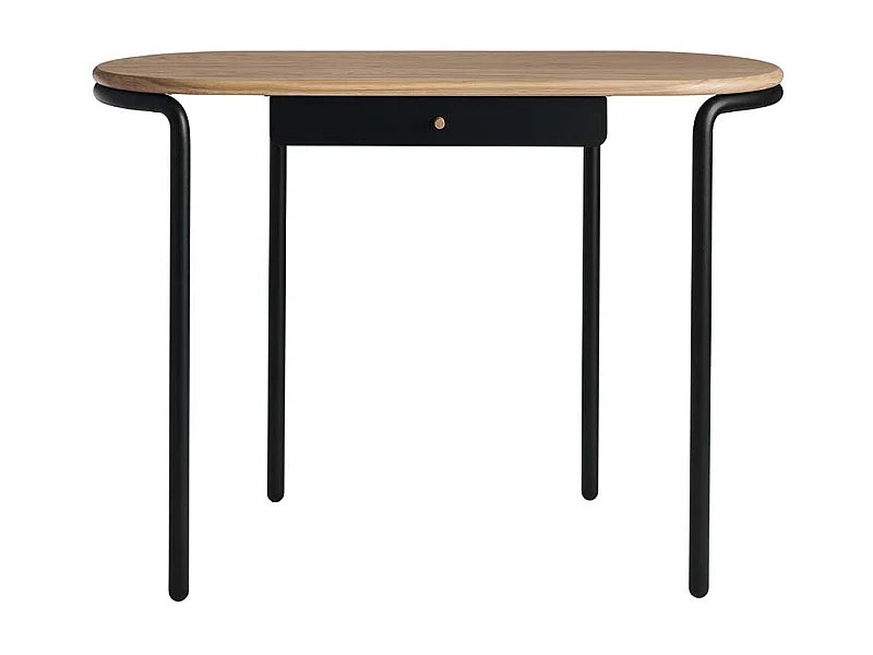 Büroschreibtisch mit abgerundeter Massivholzplatte Metallgestell in Schwarz