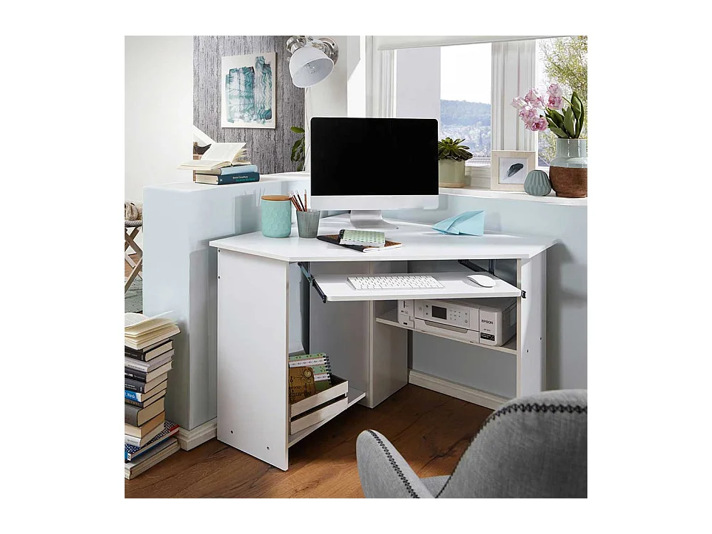 Wei�er Eckschreibtisch mit Tastaturauszug Druckerablage