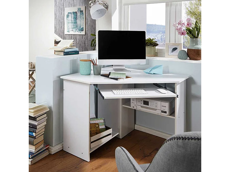 Wei�er Eckschreibtisch mit Tastaturauszug Druckerablage