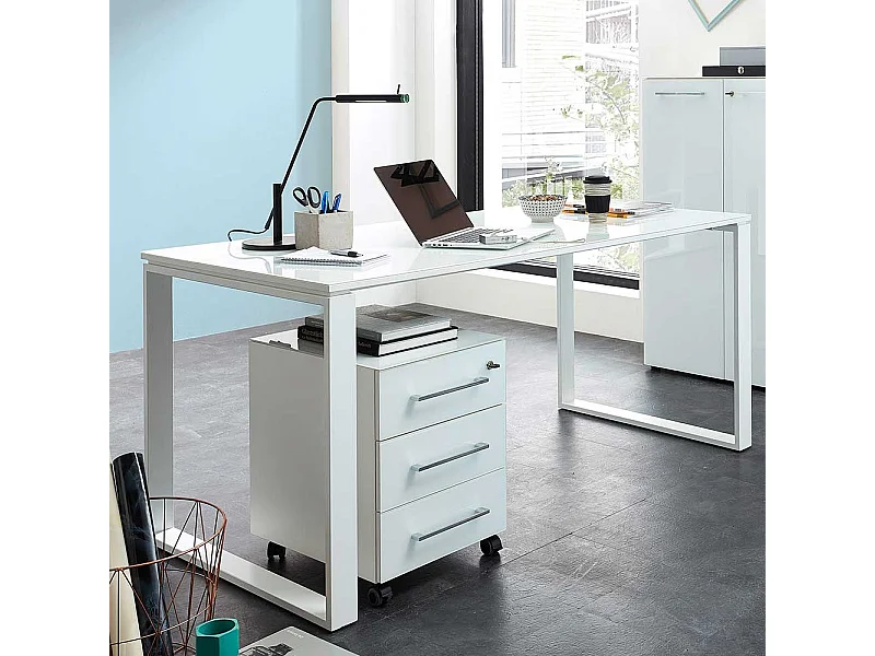Büroschreibtisch in Weiß Glas beschichtet Rollcontainer (zweiteilig)