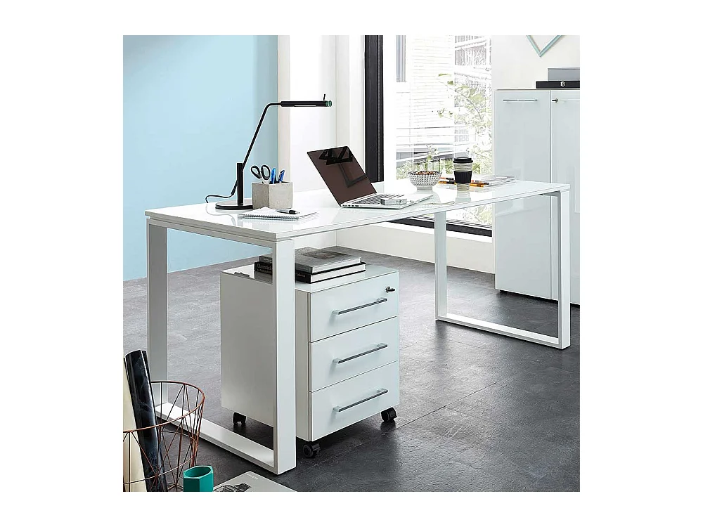 Büroschreibtisch in Weiß Glas beschichtet Rollcontainer (zweiteilig)