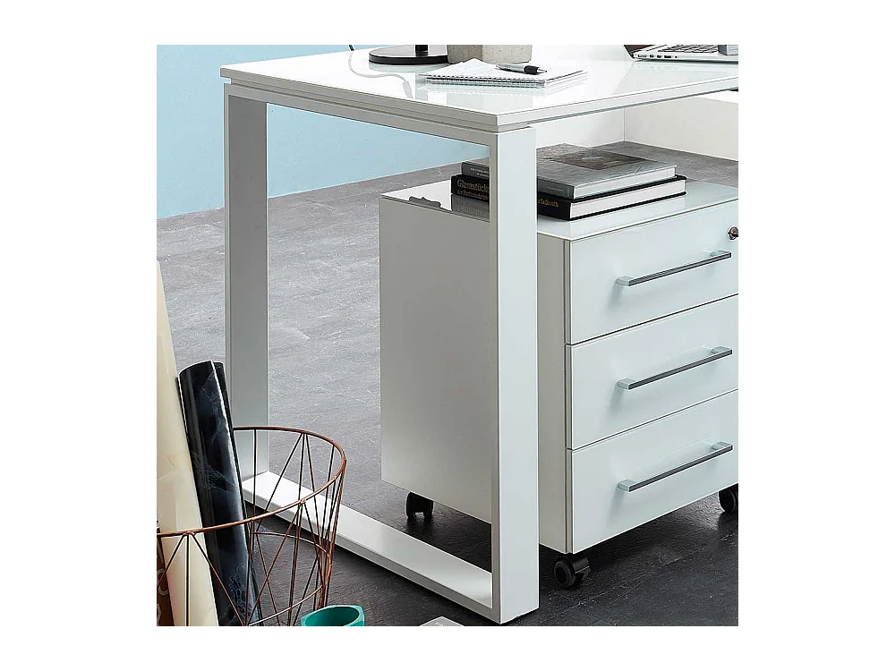 Büroschreibtisch in Weiß Glas beschichtet Rollcontainer (zweiteilig)