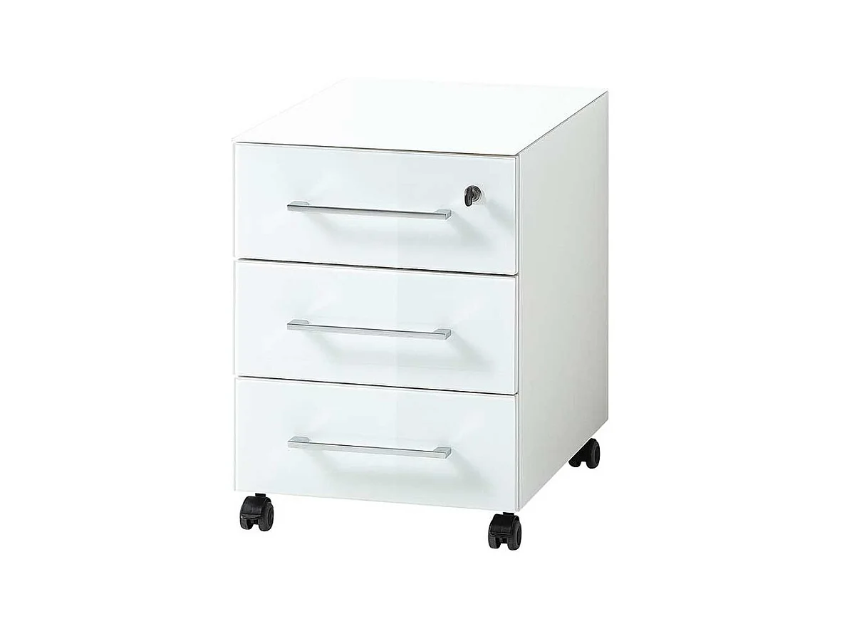 Büroschreibtisch in Weiß Glas beschichtet Rollcontainer (zweiteilig)