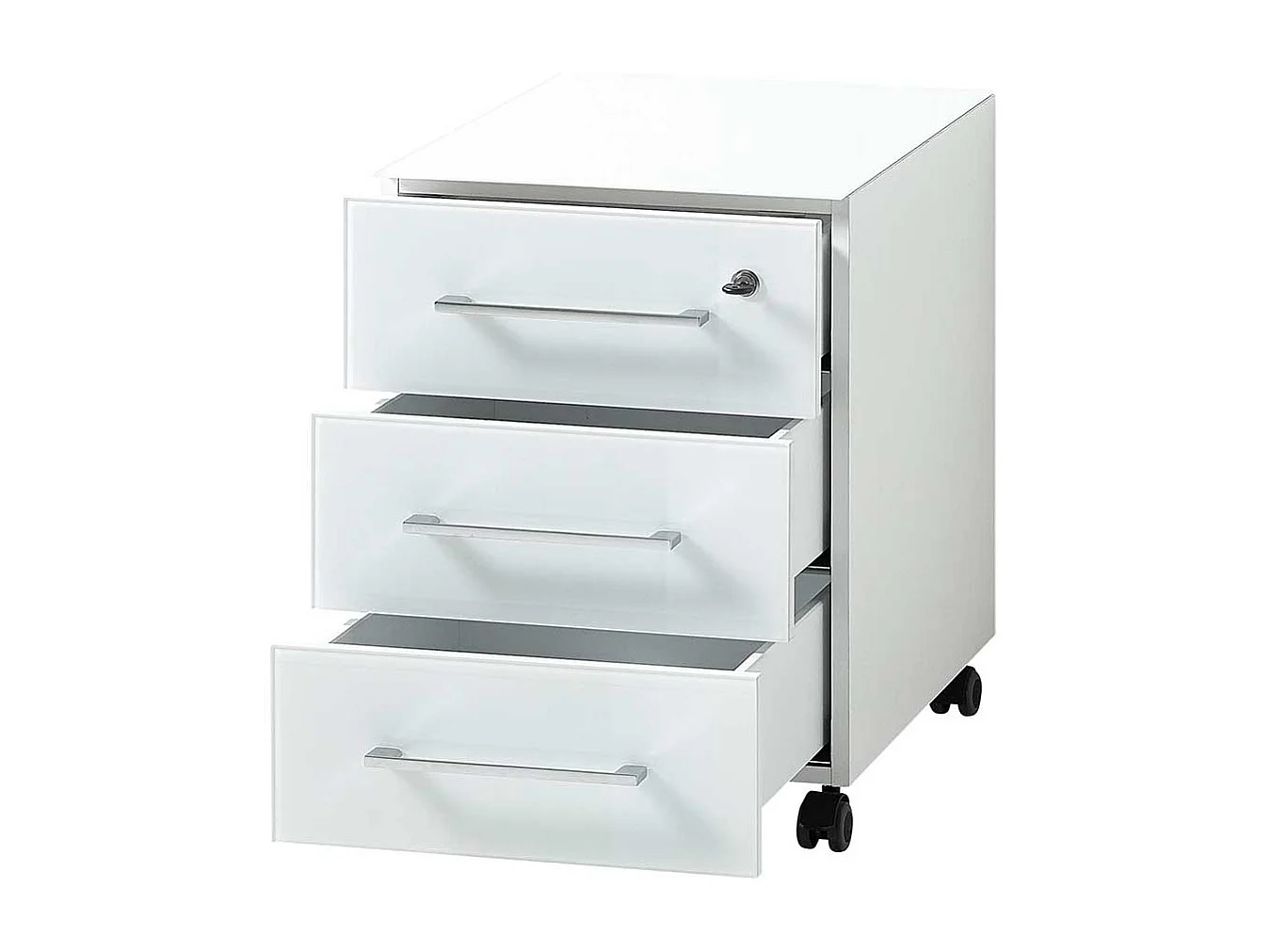 Büroschreibtisch in Weiß Glas beschichtet Rollcontainer (zweiteilig)