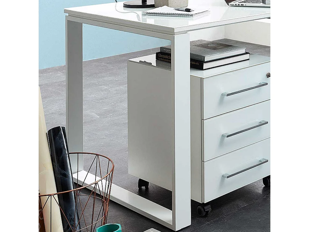 Büroschreibtisch in Weiß Glas beschichtet Rollcontainer (zweiteilig)