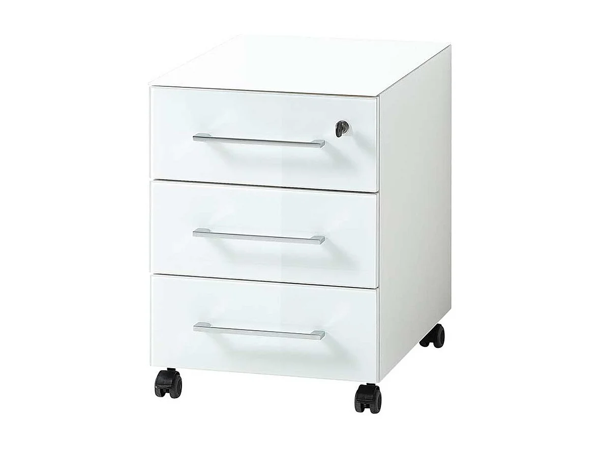 Büroschreibtisch in Weiß Glas beschichtet Rollcontainer (zweiteilig)