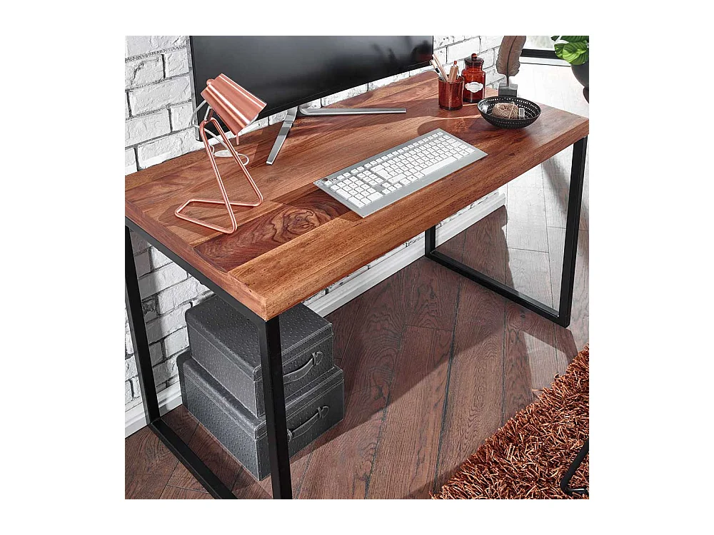 Factory Schreibtisch aus Sheesham Massivholz Bügelgestell