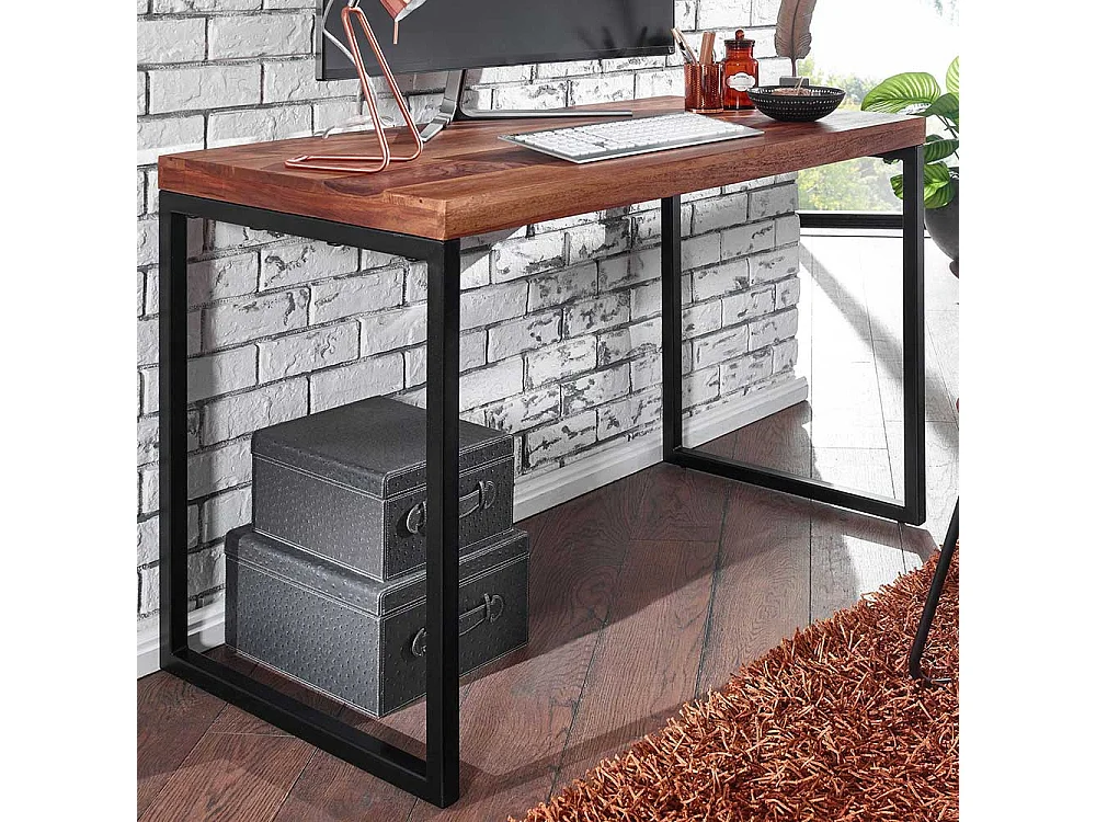 Factory Schreibtisch aus Sheesham Massivholz Bügelgestell