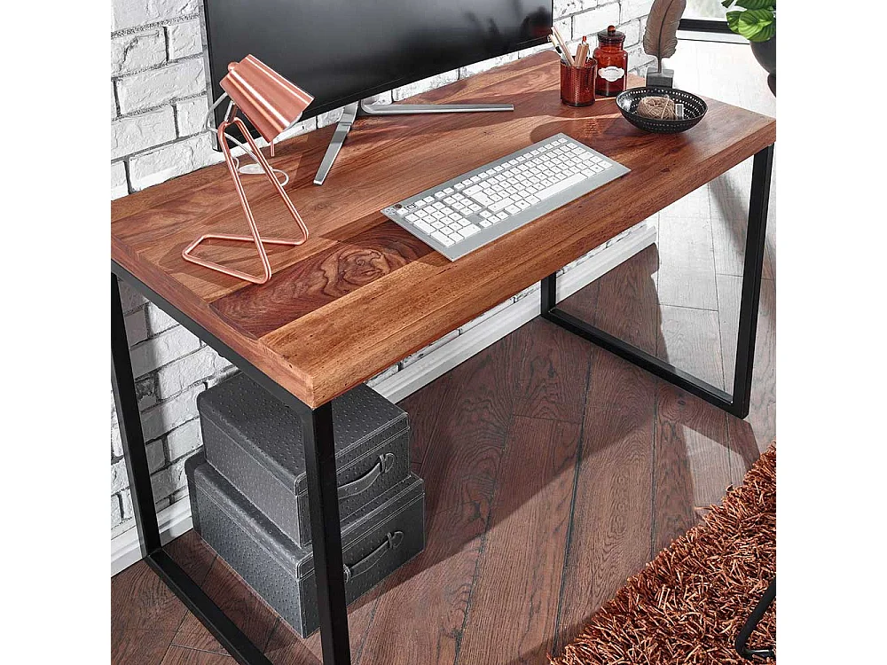 Factory Schreibtisch aus Sheesham Massivholz Bügelgestell