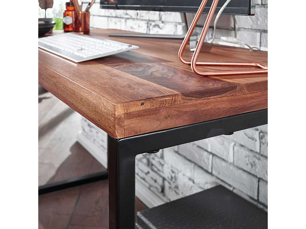 Factory Schreibtisch aus Sheesham Massivholz Bügelgestell