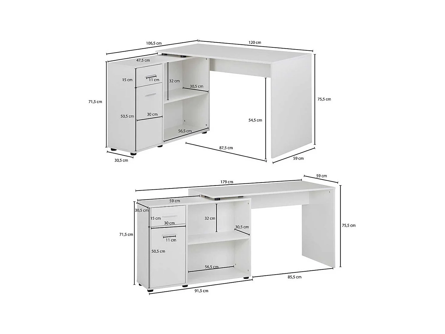 Designschreibtisch in Weiß Seitenregal