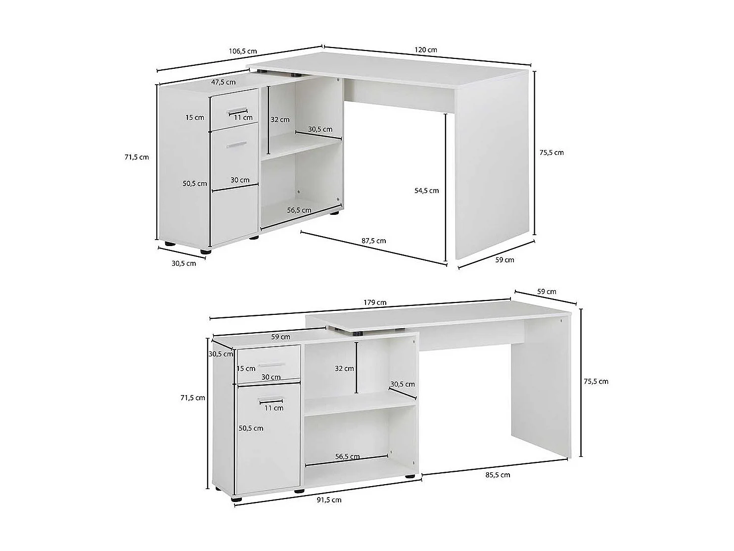 Designschreibtisch in Weiß Seitenregal