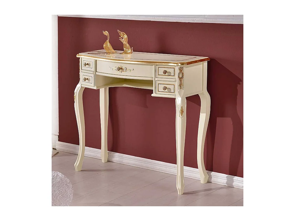 Barock Design Schreibtisch in Cremeweiß und Goldfarben verziert fünf Schubladen