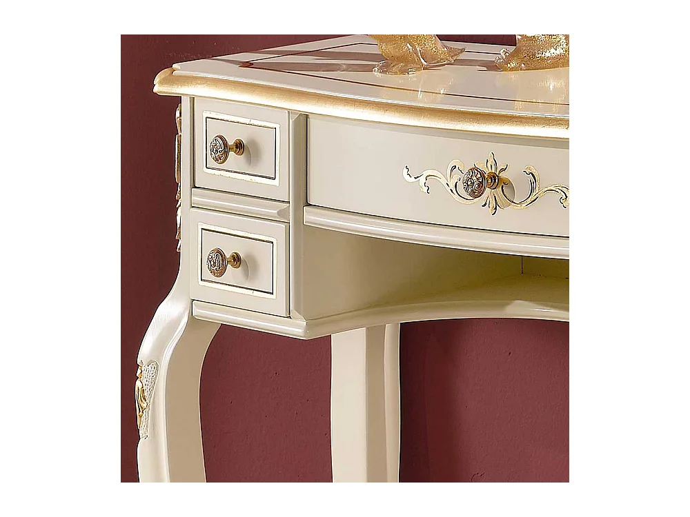 Barock Design Schreibtisch in Cremeweiß und Goldfarben verziert fünf Schubladen