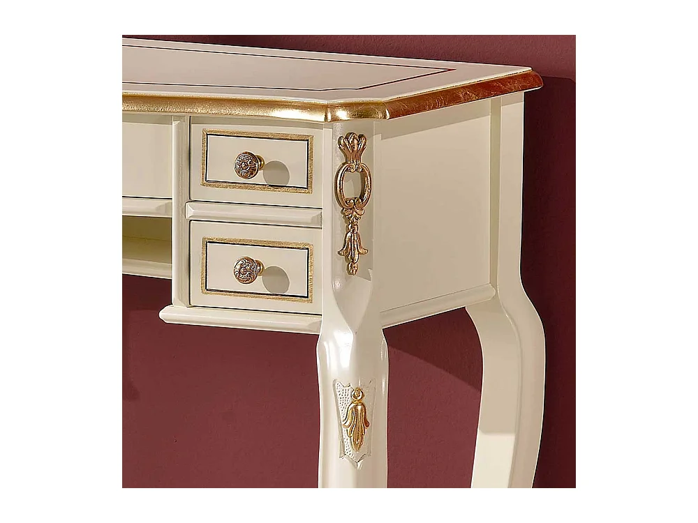 Barock Design Schreibtisch in Cremeweiß und Goldfarben verziert fünf Schubladen