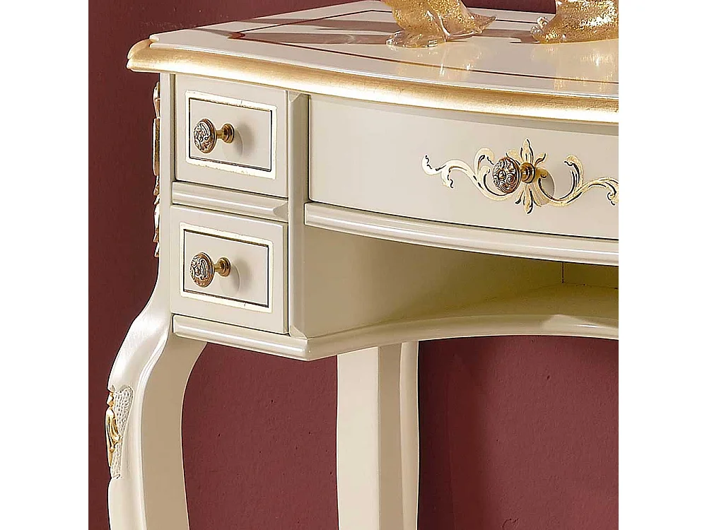 Barock Design Schreibtisch in Cremeweiß und Goldfarben verziert fünf Schubladen