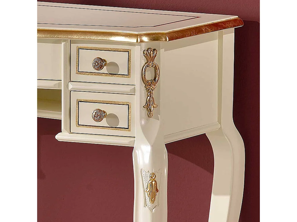 Barock Design Schreibtisch in Cremeweiß und Goldfarben verziert fünf Schubladen