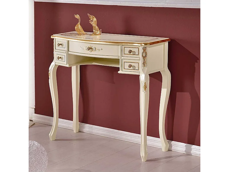 Barock Design Schreibtisch in Cremeweiß und Goldfarben verziert fünf Schubladen