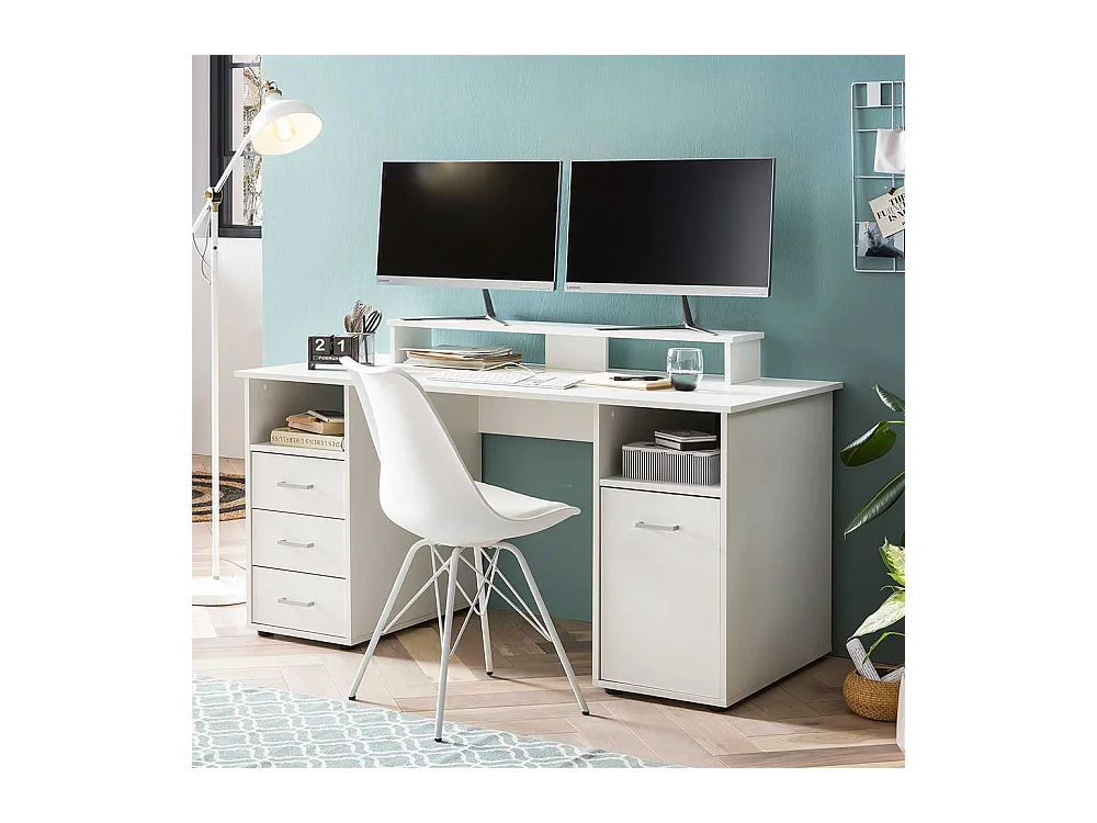 Schülerschreibtisch in Weiß Bildschirmaufsatz