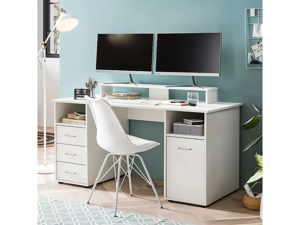 Schülerschreibtisch in Weiß Bildschirmaufsatz