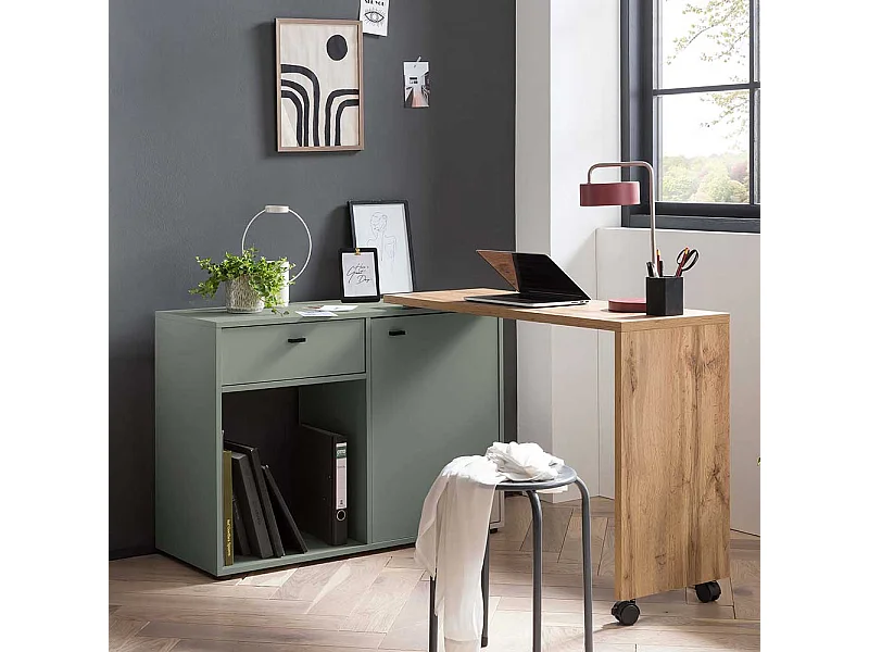 Schreibtisch in Wildeichefarben und Graugrün Seitenregal, Tür und Schubkasten