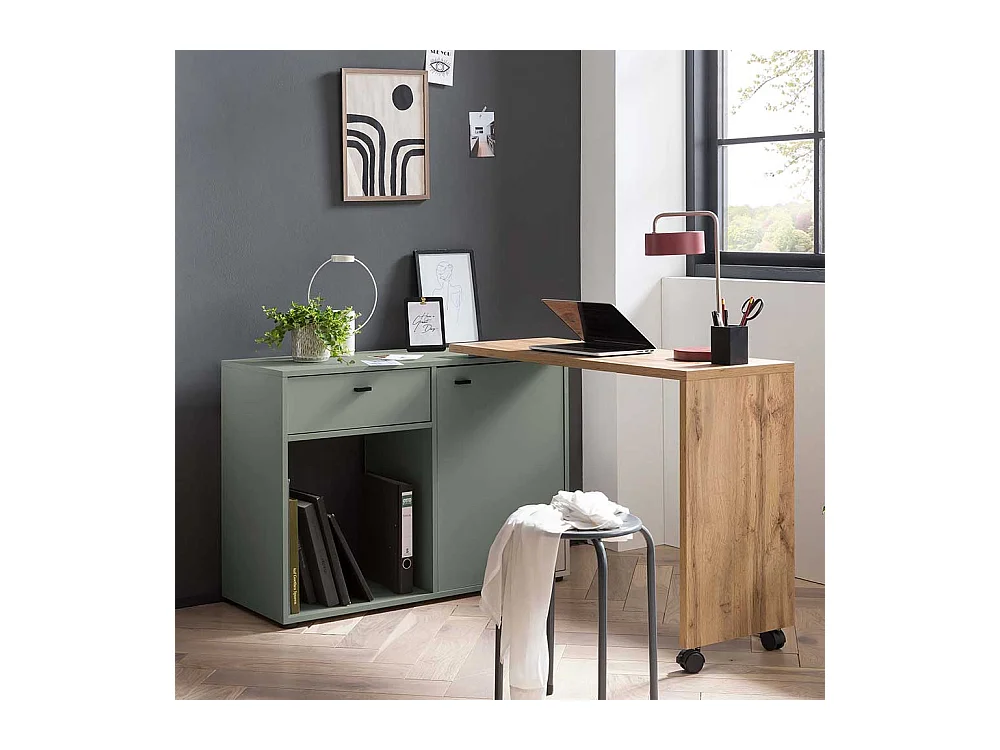 Schreibtisch in Wildeichefarben und Graugrün Seitenregal, Tür und Schubkasten
