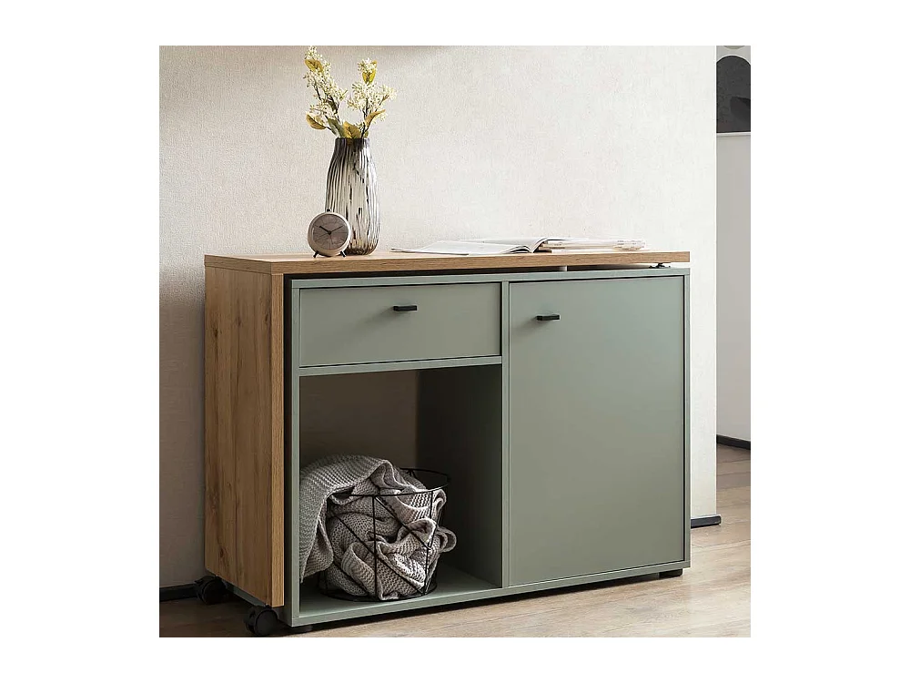 Schreibtisch in Wildeichefarben und Graugrün Seitenregal, Tür und Schubkasten
