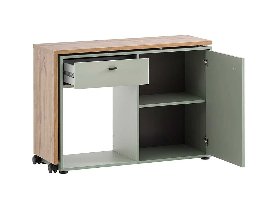 Schreibtisch in Wildeichefarben und Graugrün Seitenregal, Tür und Schubkasten