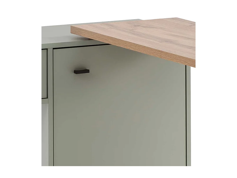 Schreibtisch in Wildeichefarben und Graugrün Seitenregal, Tür und Schubkasten