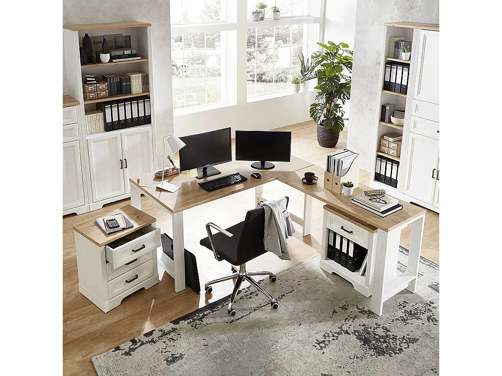 Schreibtisch Set im Landhausstil Weiß & Eichefarben (dreiteilig)