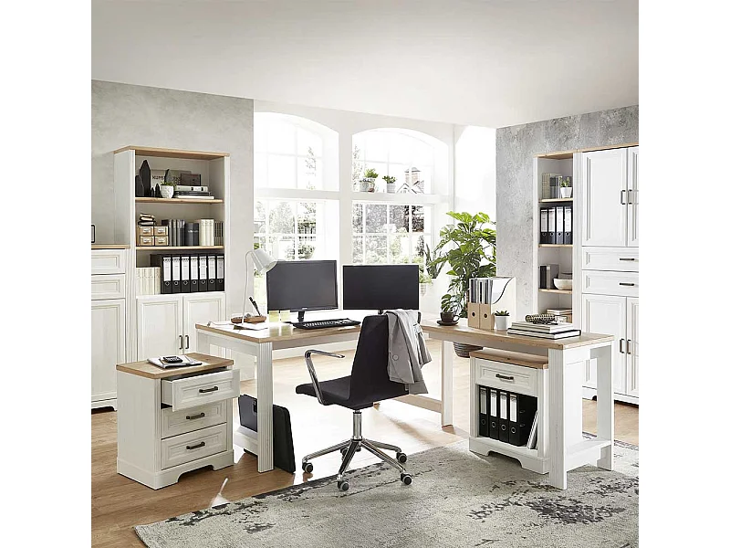 Schreibtisch Set im Landhausstil Weiß & Eichefarben (dreiteilig)