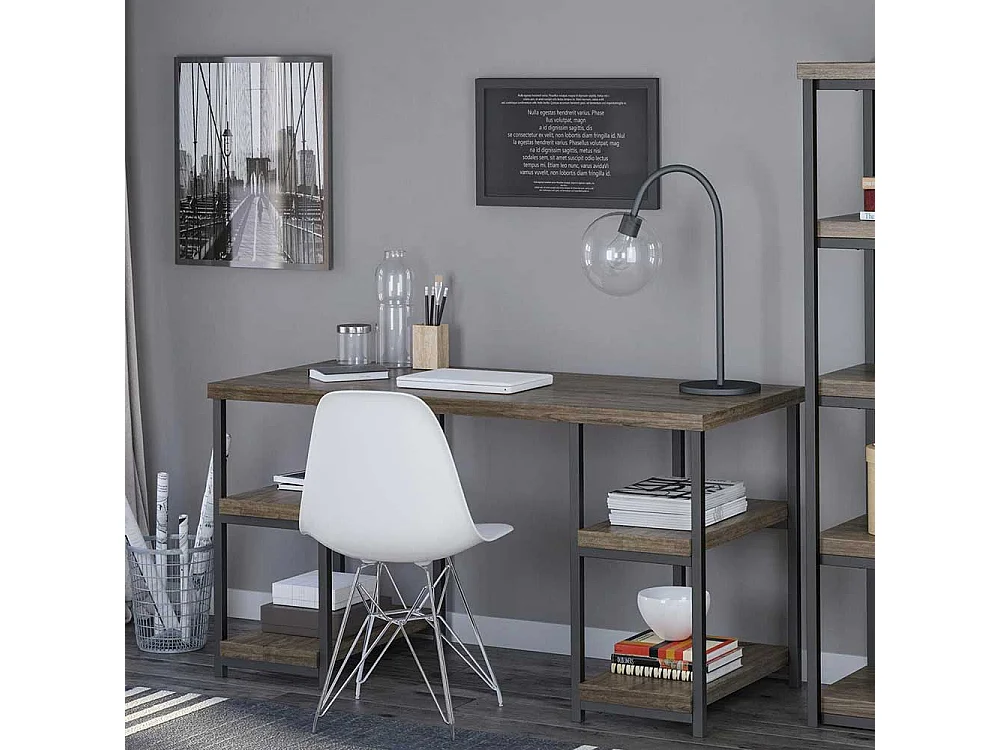 Industry Schreibtisch in Holzoptik Eiche verwittert Seitenregalen