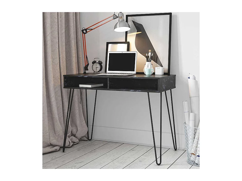 Designschreibtisch schwarz im Retrostil Staufach unter der Tischplatte