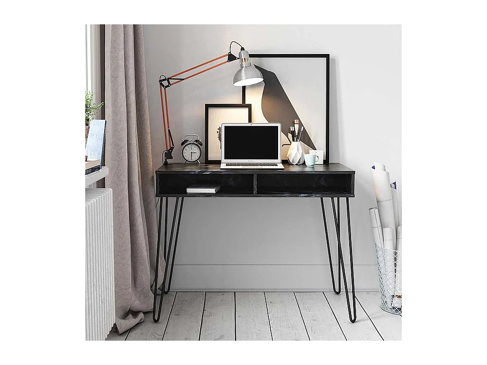 Designschreibtisch schwarz im Retrostil Staufach unter der Tischplatte