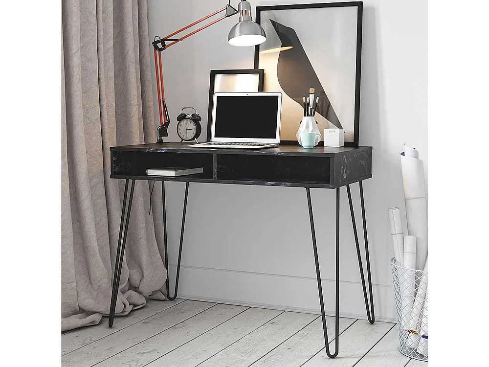 Designschreibtisch schwarz im Retrostil Staufach unter der Tischplatte