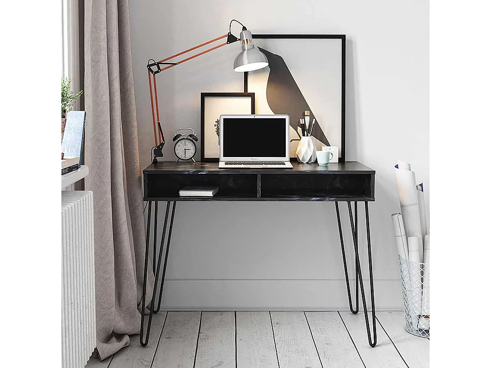 Designschreibtisch schwarz im Retrostil Staufach unter der Tischplatte