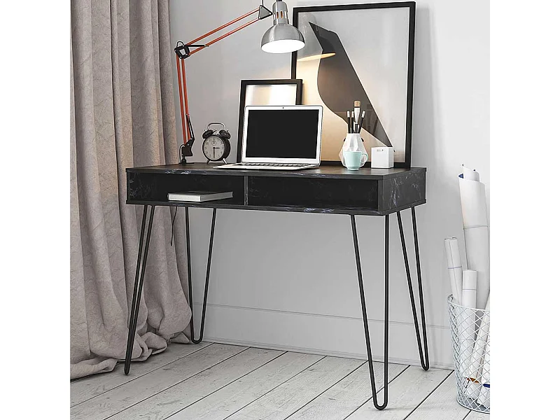 Designschreibtisch schwarz im Retrostil Staufach unter der Tischplatte