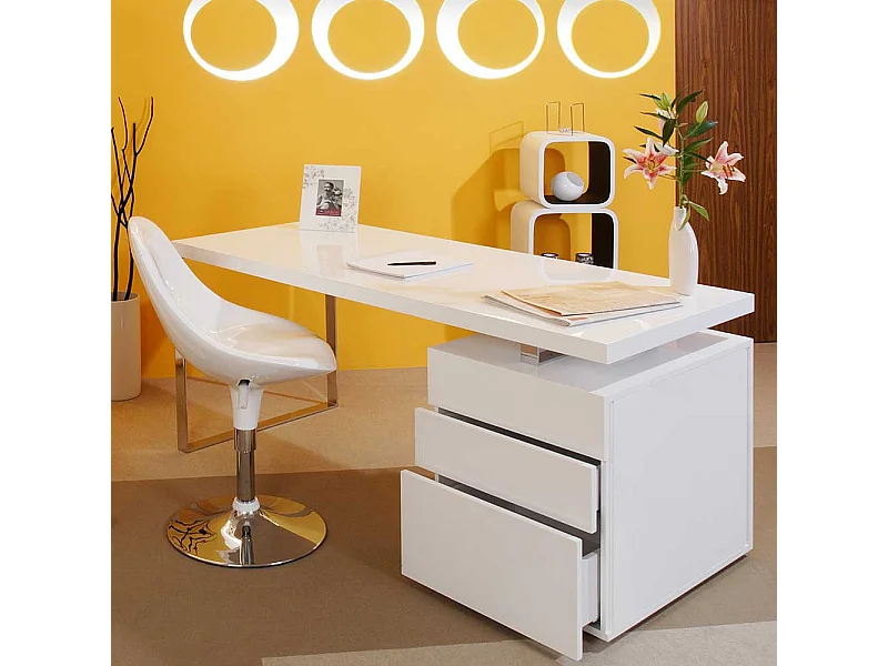Hochglanz Schreibtisch in Weiß drei Schubladen