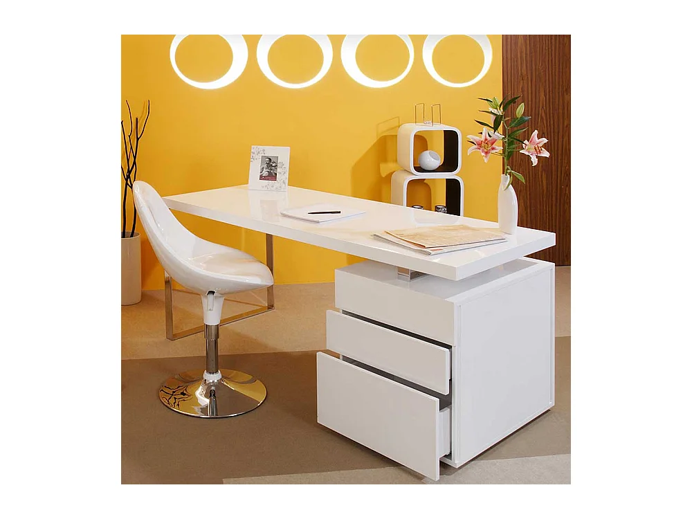 Hochglanz Schreibtisch in Weiß drei Schubladen