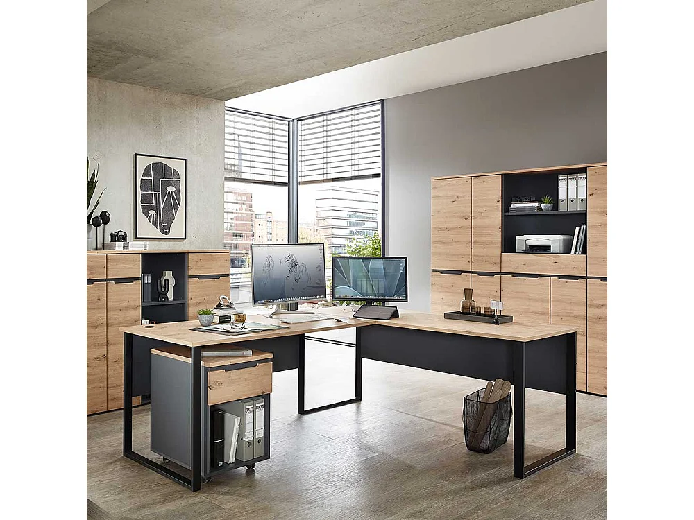 Winkelschreibtische modern in Wildeichefarben Dunkelgrau