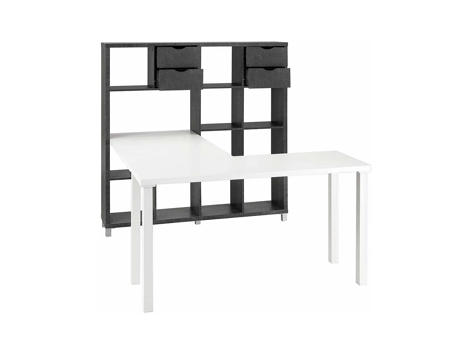 Bürotisch in Weiß und Beton Grau Regalen